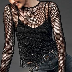 Black top Fishnet top blouse shiny body con mesh black top sequins dots new top